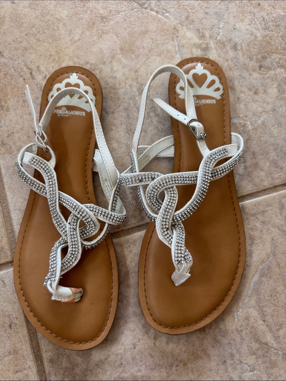 Fergalicious White Crystal Knot T-Strap Sandals with Tan Footbed